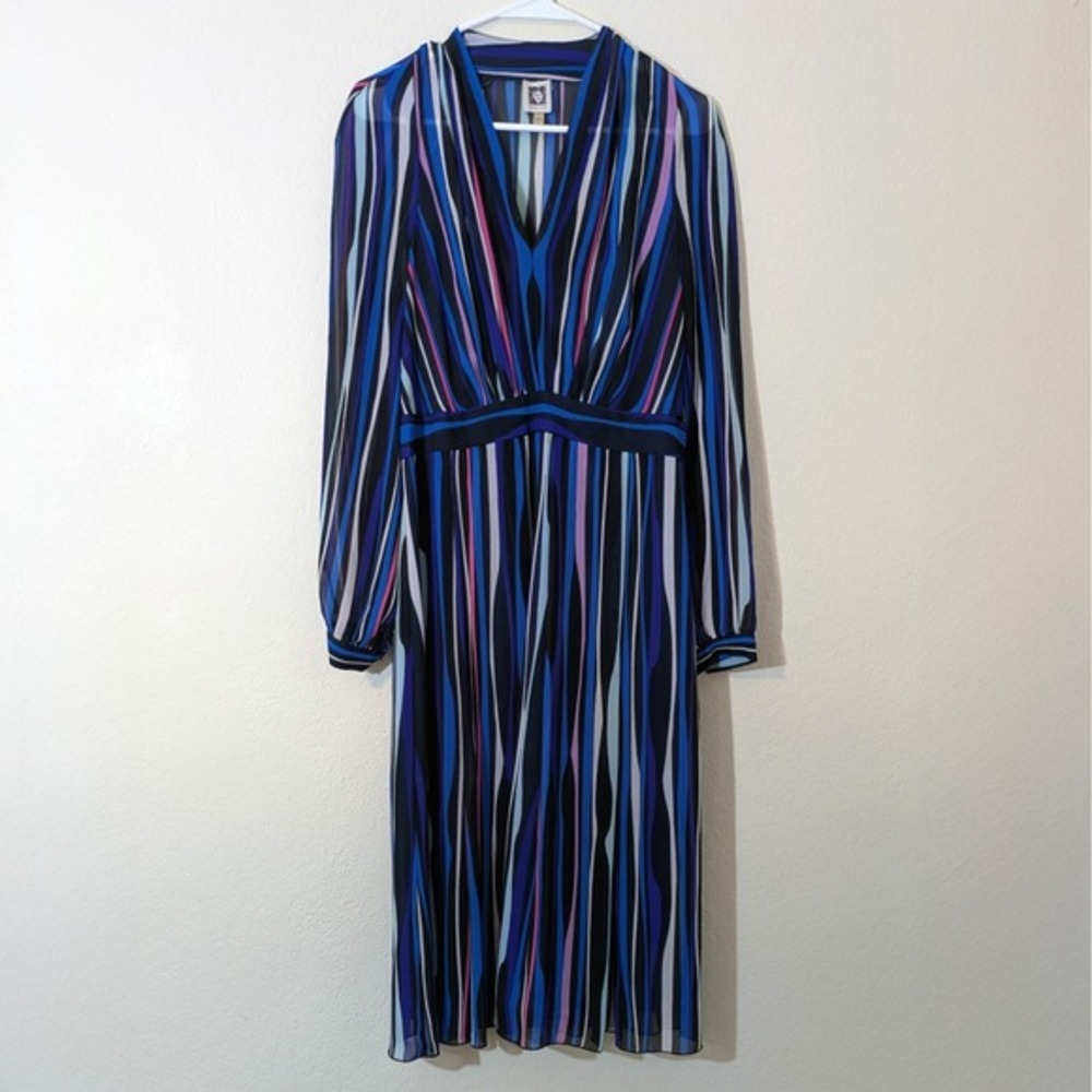 Anne Klein Striped‎ Fit & Flare Dress Size 10 Blue Multicolor Chiffon Sheer